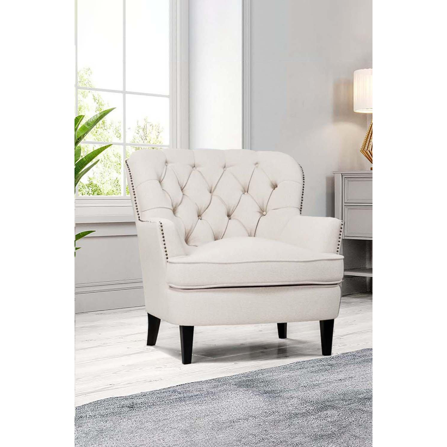 Linen Upholstered Armchair with Wooden Legs - image 1