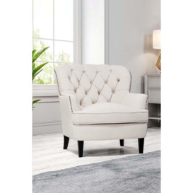 Linen Upholstered Armchair with Wooden Legs - thumbnail 1