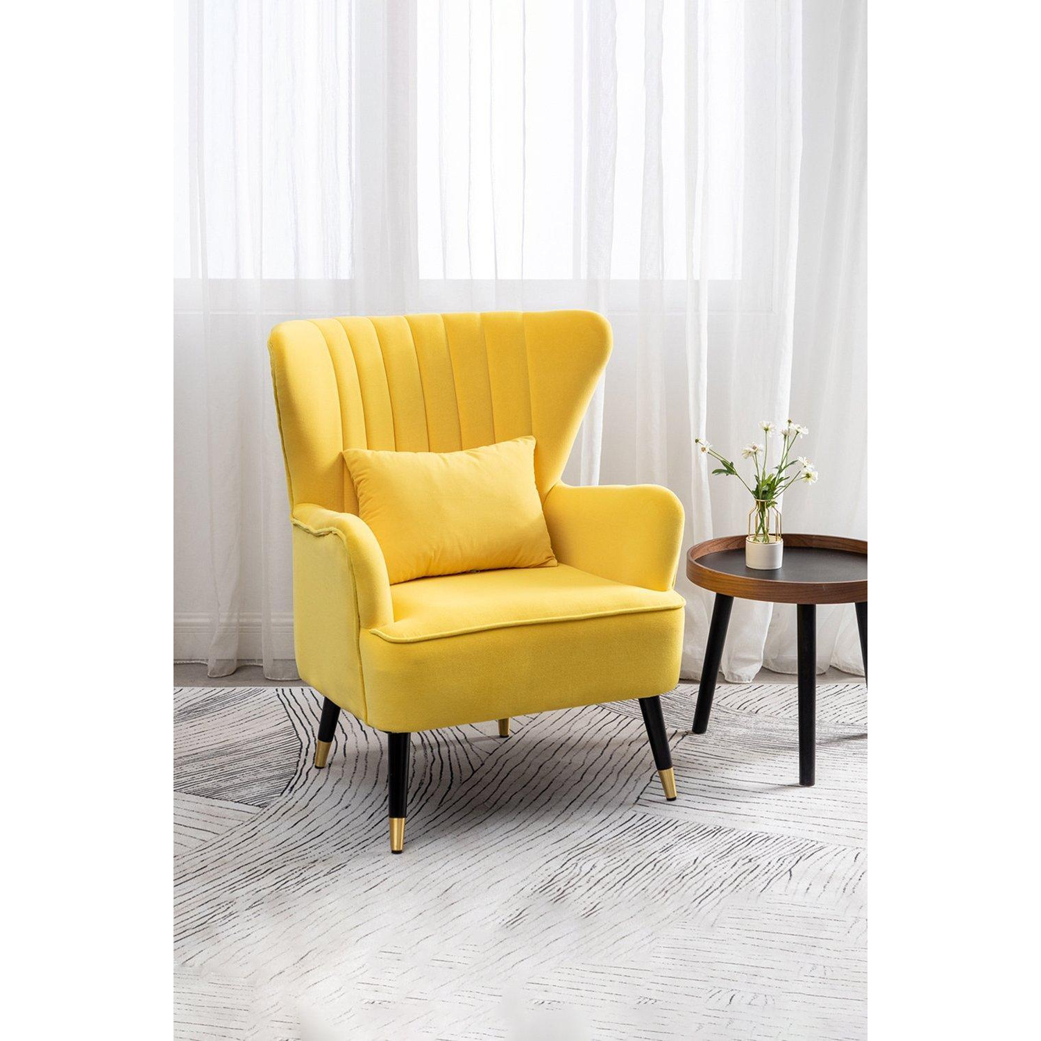 Yellow Velvet Stripe Curved Wing Back Armchair with Pillow - image 1