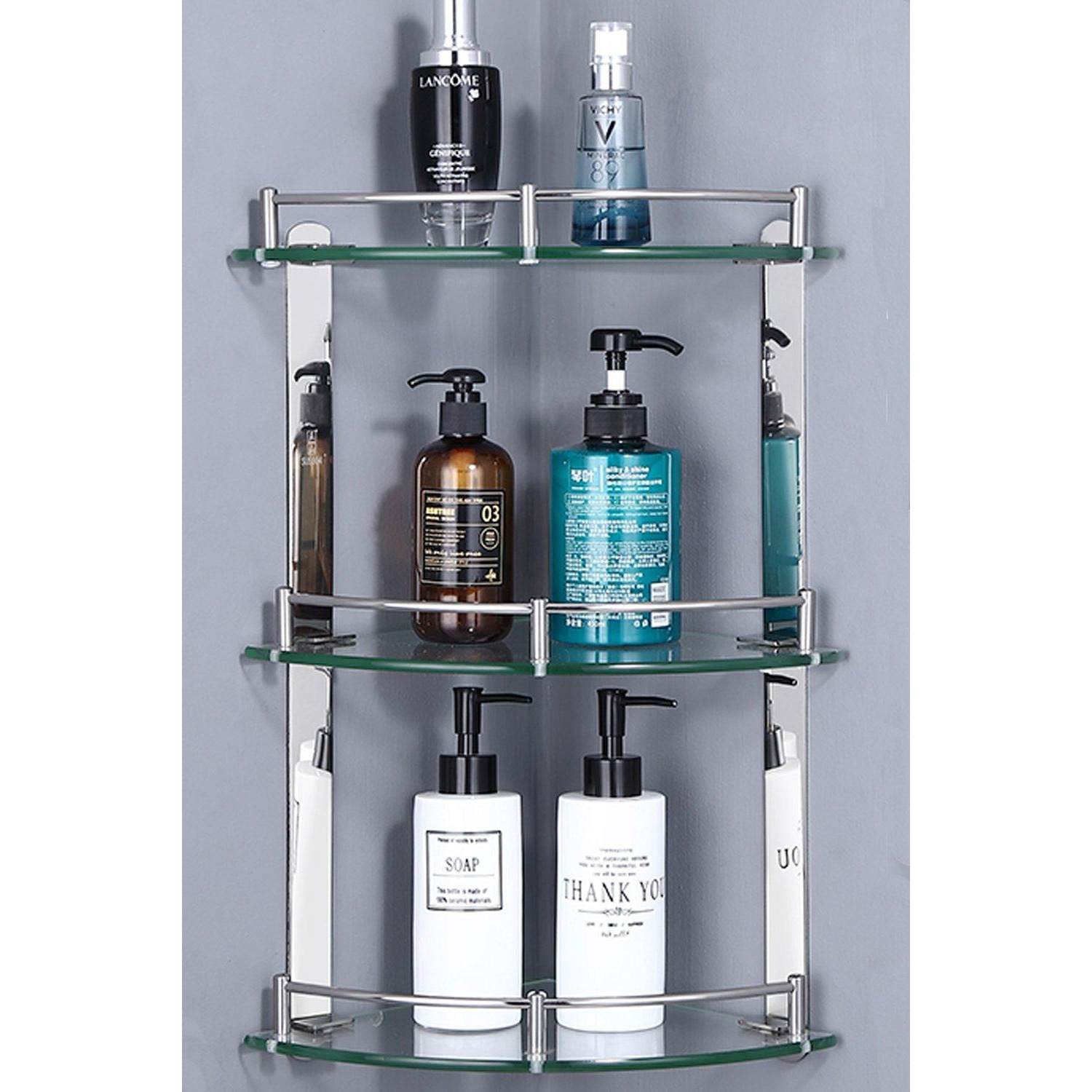 3 Tiers Wall Mounted Bathroom Tempered Glass Corner Shelf with Steel Rail 20cm - image 1