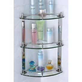 3 Tiers Wall Mounted Bathroom Tempered Glass Corner Shelf with Steel Rail 20cm - thumbnail 2