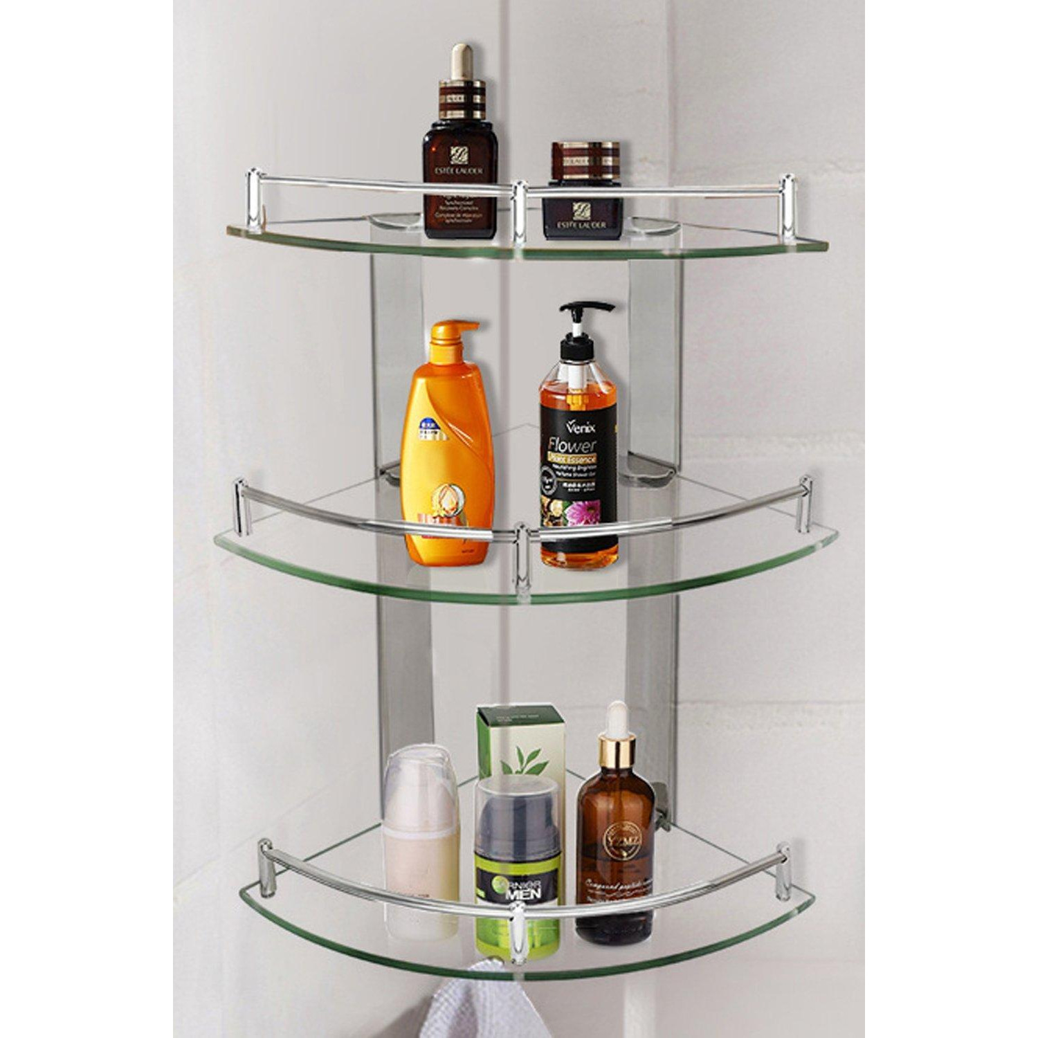3 Tiers Bathroom Tempered Glass Corner Shelf with Steel Rail Wall Mounted - image 1