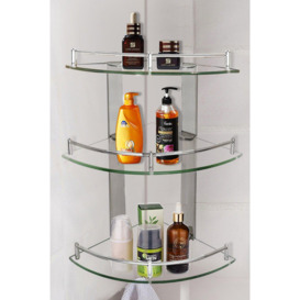3 Tiers Bathroom Tempered Glass Corner Shelf with Steel Rail Wall Mounted - thumbnail 1
