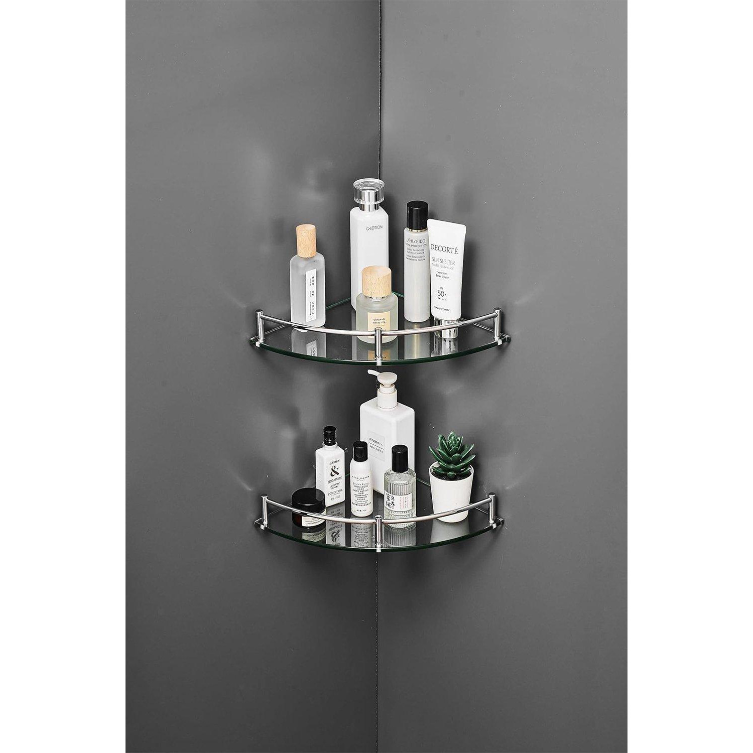 2 Pcs Silver Bathroom Shower Corner Shelf Wall Mounted Shampoo & Cosmetics Storage Organizer - image 1