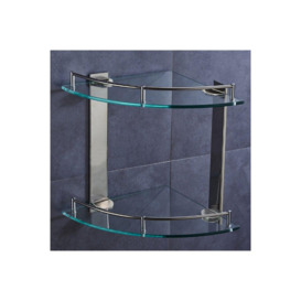 2-Tier Stainless Steel Bathroom Shelf Fan-Shaped Corner Tempered Glass Storage Rack 25cm - thumbnail 3