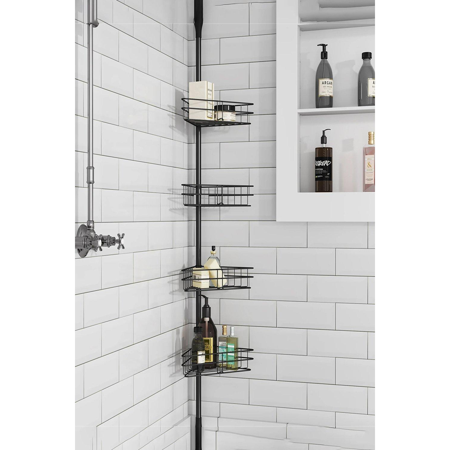 4 Tier Metal Wall Rack Bathroom Adjustment Pole Corner Storage Shelf No Punching - image 1