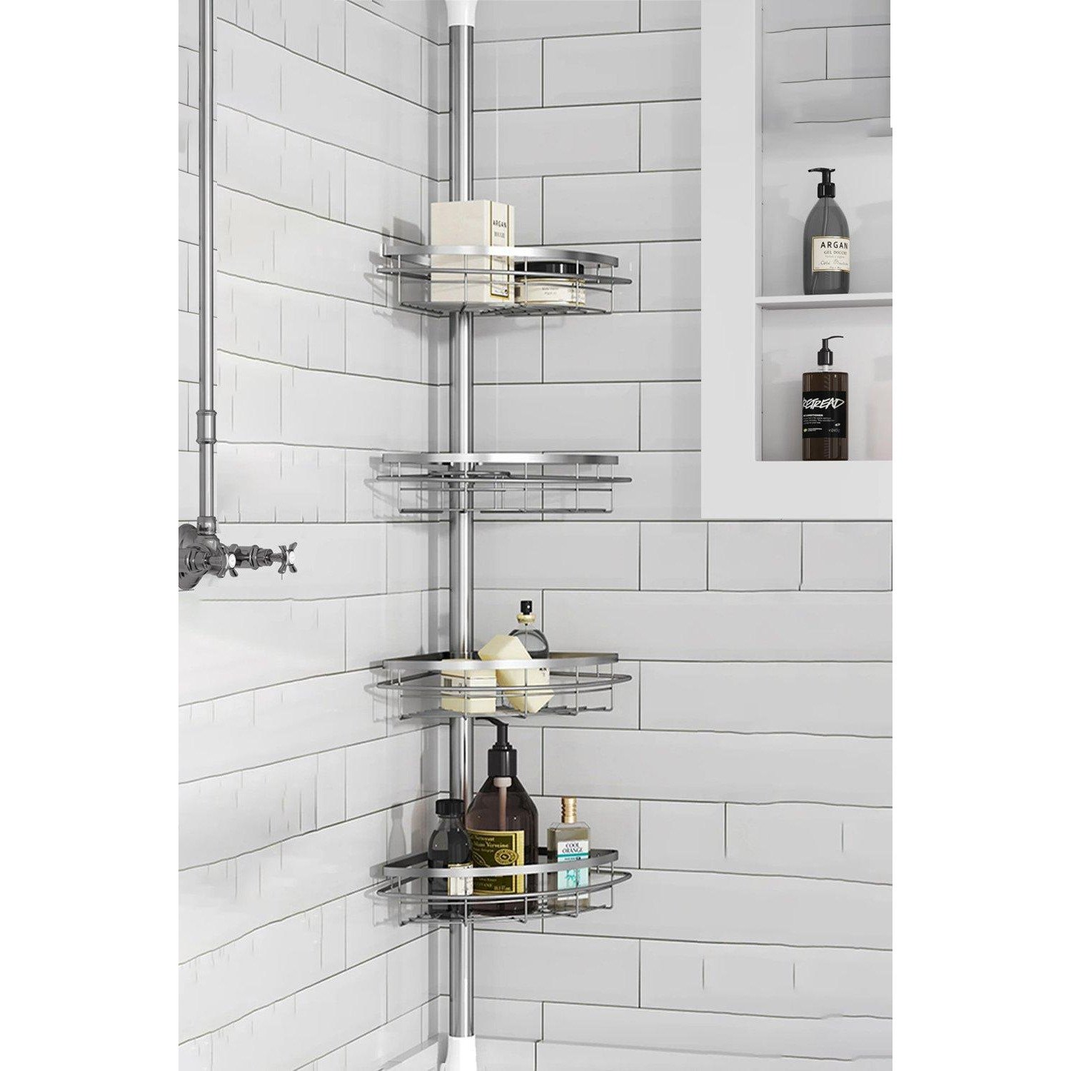 4 Tier Metal Wall Rack Bathroom Adjustment Pole Corner Storage Shelf No Punching Silver 110-250cm Tall - image 1