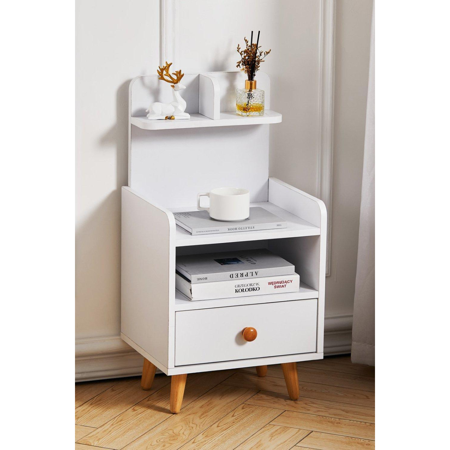 One Drawer Wooden Bedside Table With Wooden Legs - image 1