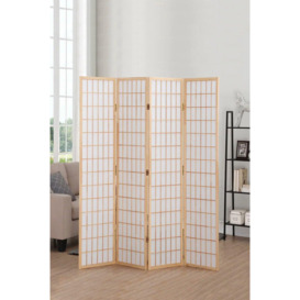 4-Panel Natural Solid Wood Folding Room Divider Screen