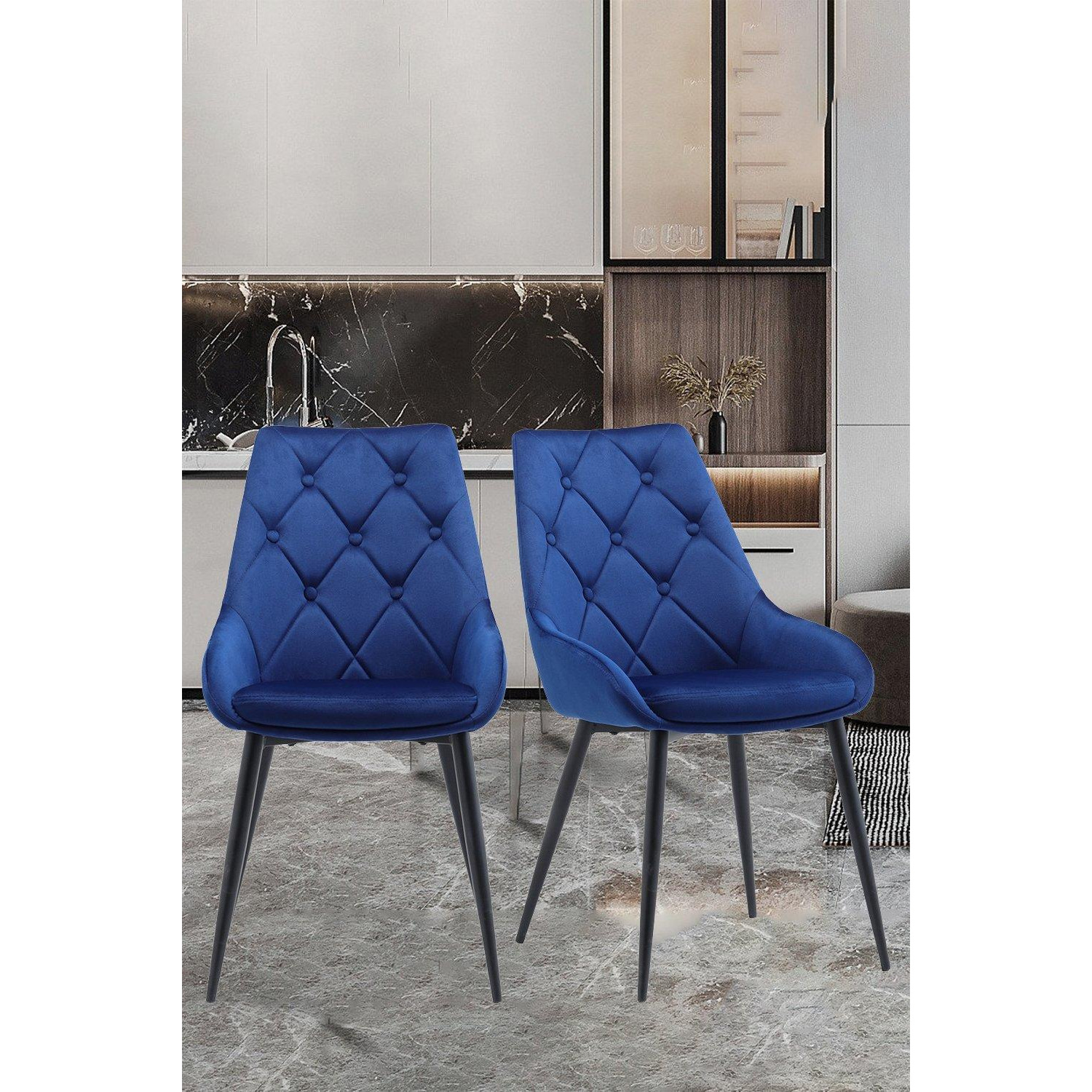 2 pcs Button Velvet Upholstered Dining Chair with Metal Legs - image 1