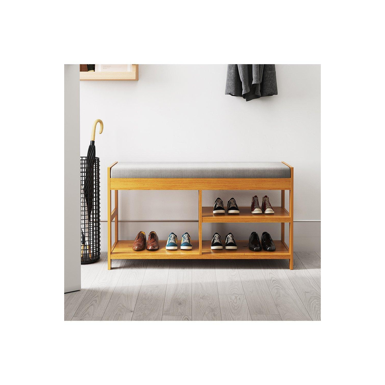 2-Tier Wood Shoe Storage Bench with Padded Seat - image 1
