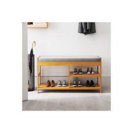 2-Tier Wood Shoe Storage Bench with Padded Seat - thumbnail 1