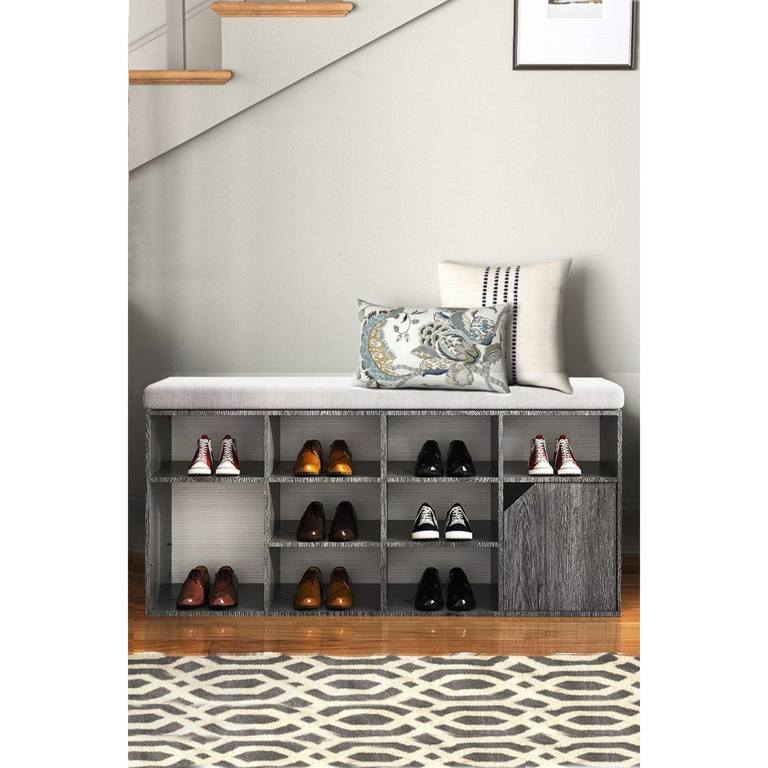 Grey Shoe Changing Bench Storage Cabinet with Linen Cushion - image 1
