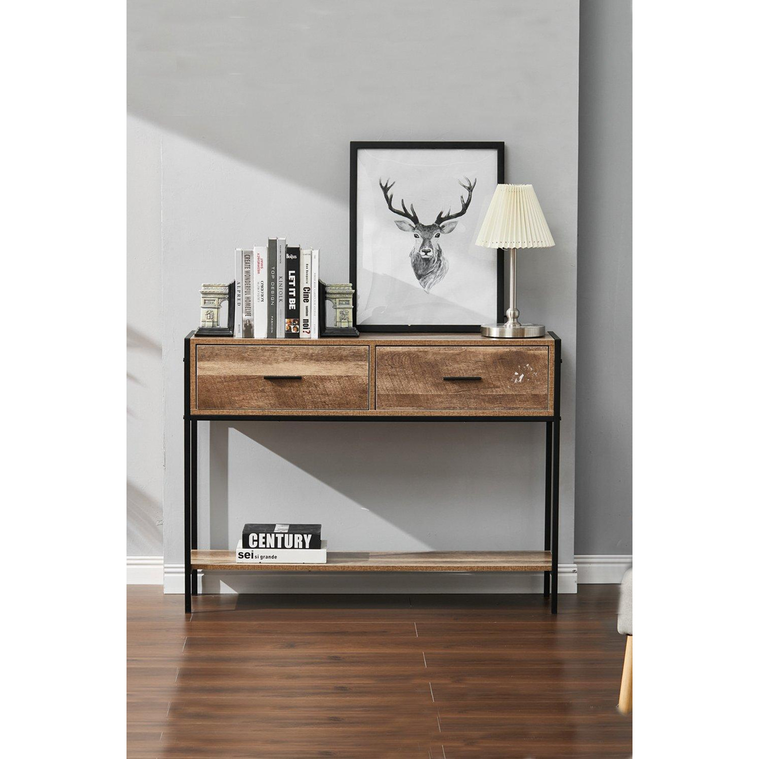 Rustic Brown Metal Frame Console Table with 2 Drawer and Shelf - image 1