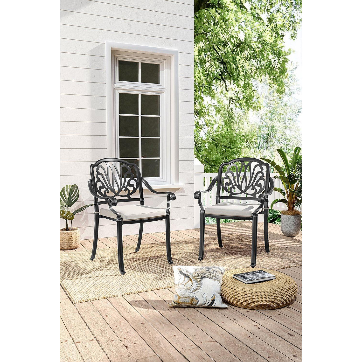 Set of 2 Outdoor Cast Aluminum Dining Chairs with Cushions - image 1