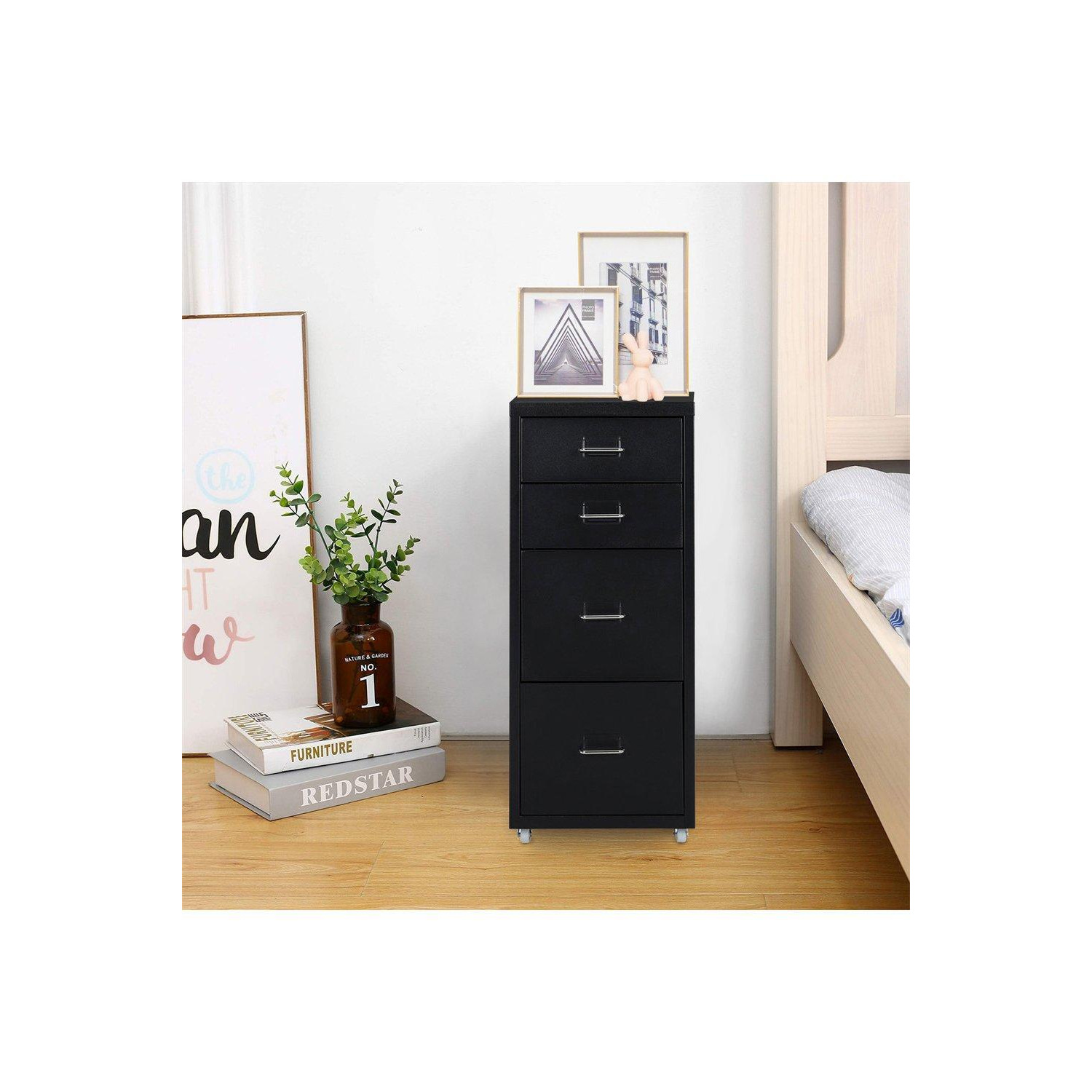 4 Drawers Vertical File Cabinet with Wheels Living Room Storage Cabinet Bedroom Black Bedside Table - image 1