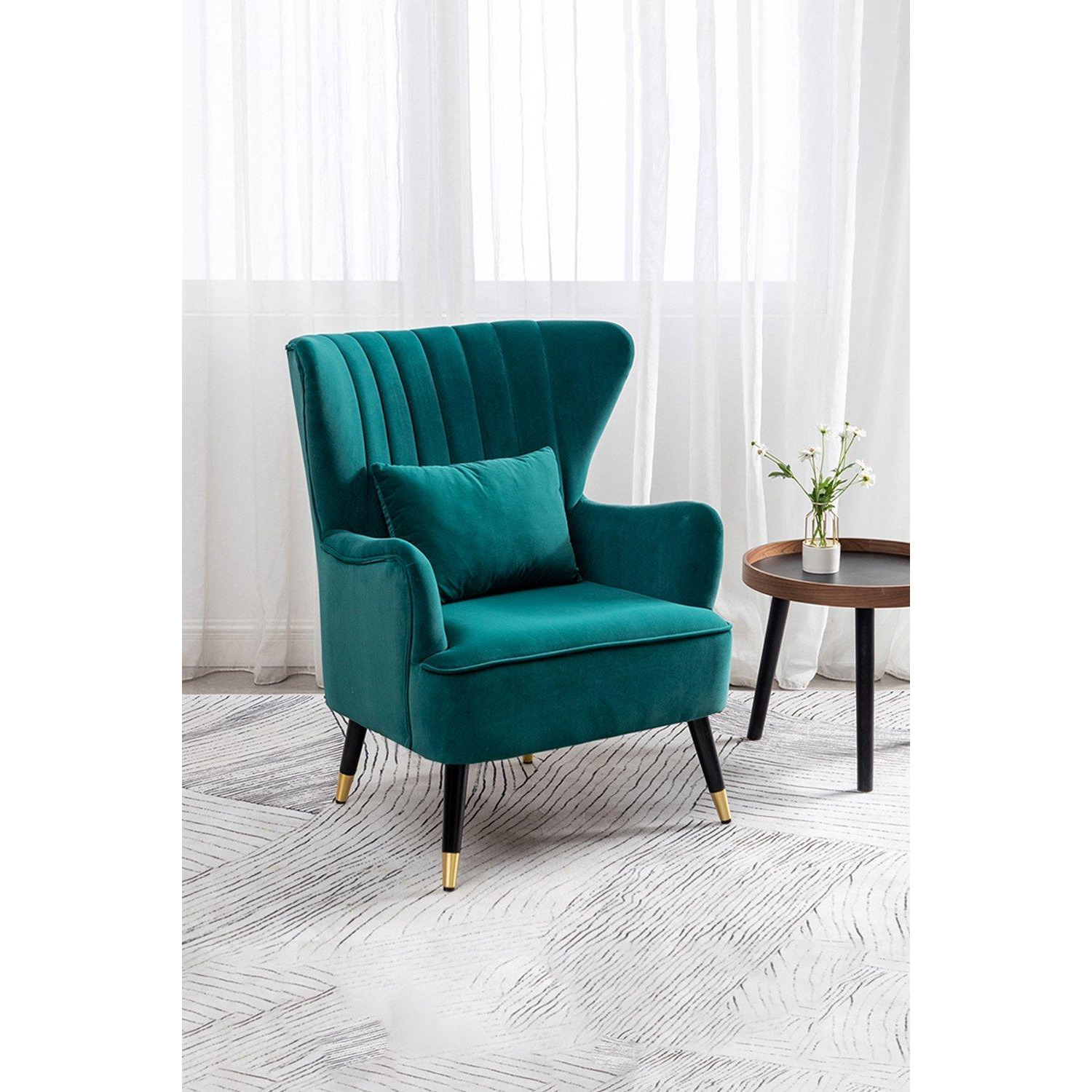 Green Velvet Stripe Curved Wing Back Armchair with Pillow - image 1