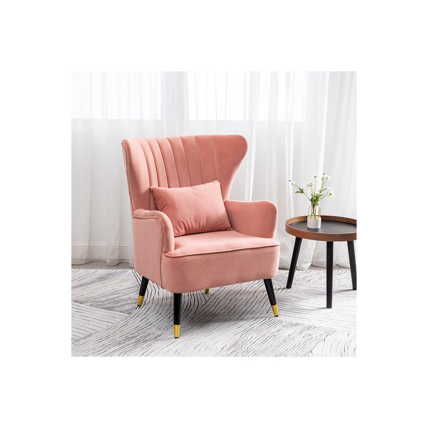 Pink Velvet Stripe Curved Wing Back Armchair with Pillow - image 1