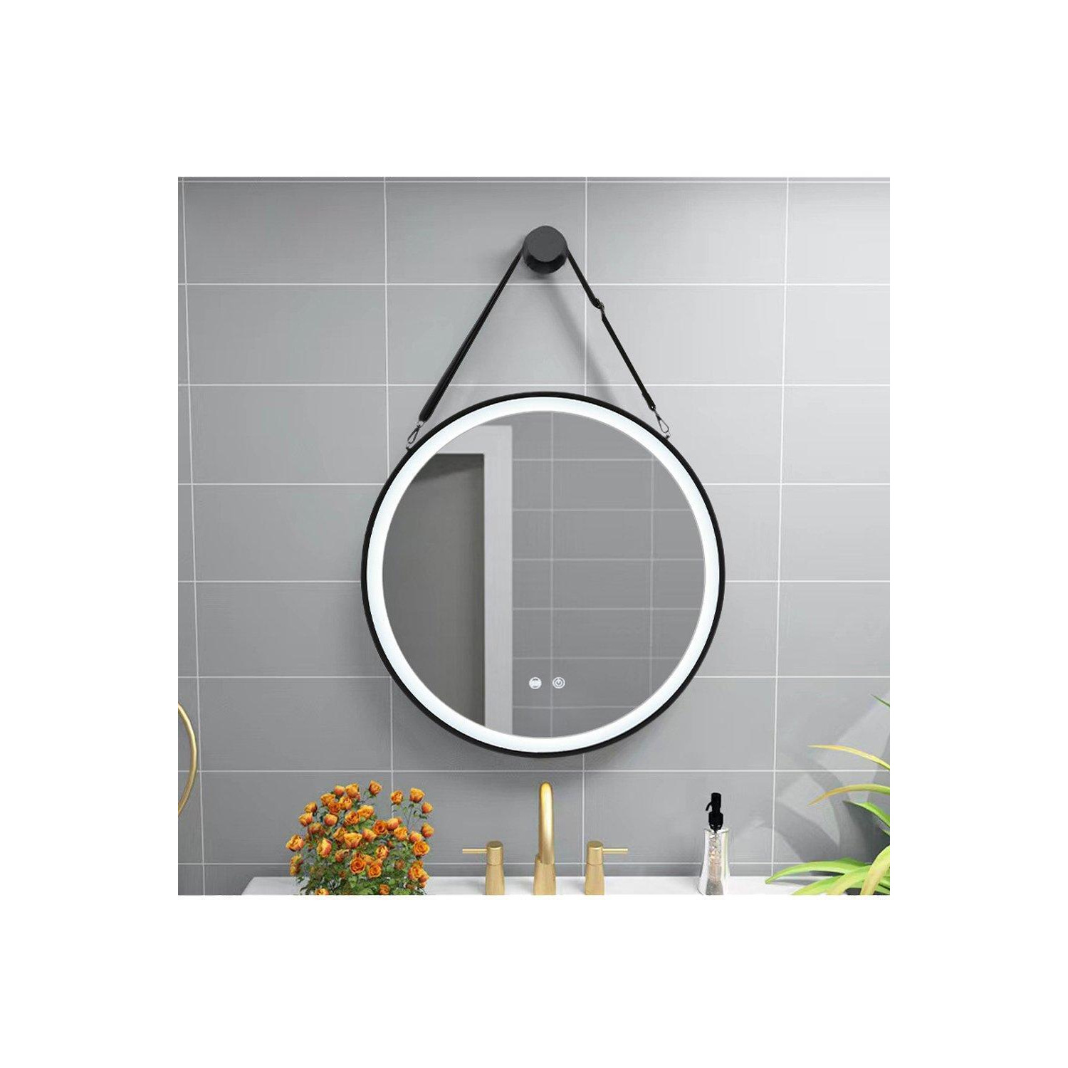D60cm Round Metal LED Mirror with Hanging Strap - image 1