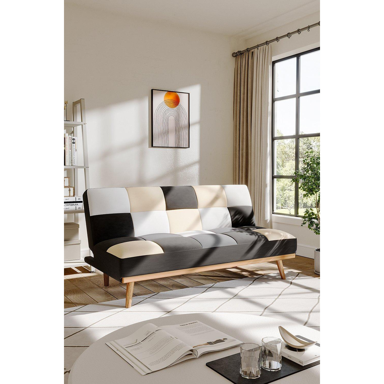 2-Seater Multicolour Checkered Sofa Bed - image 1