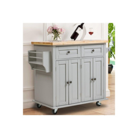 Modern Rolling Wooden Kitchen Island Cart with 2 Storage Cabinet , 2 Drawer & Side Rack