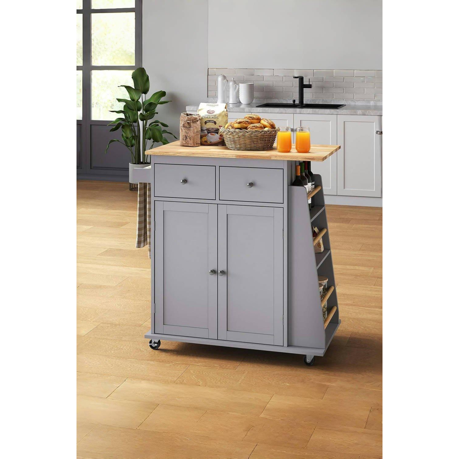 Rolling Kitchen Trolley Cart with Rubber Wood Top , 2-Tier Shelves , 2 Drawers & 3-Tier Storage Cabinet - image 1