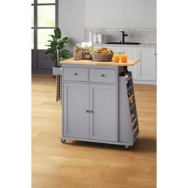 Rolling Kitchen Trolley Cart with Rubber Wood Top , 2-Tier Shelves , 2 Drawers & 3-Tier Storage Cabinet - thumbnail 1