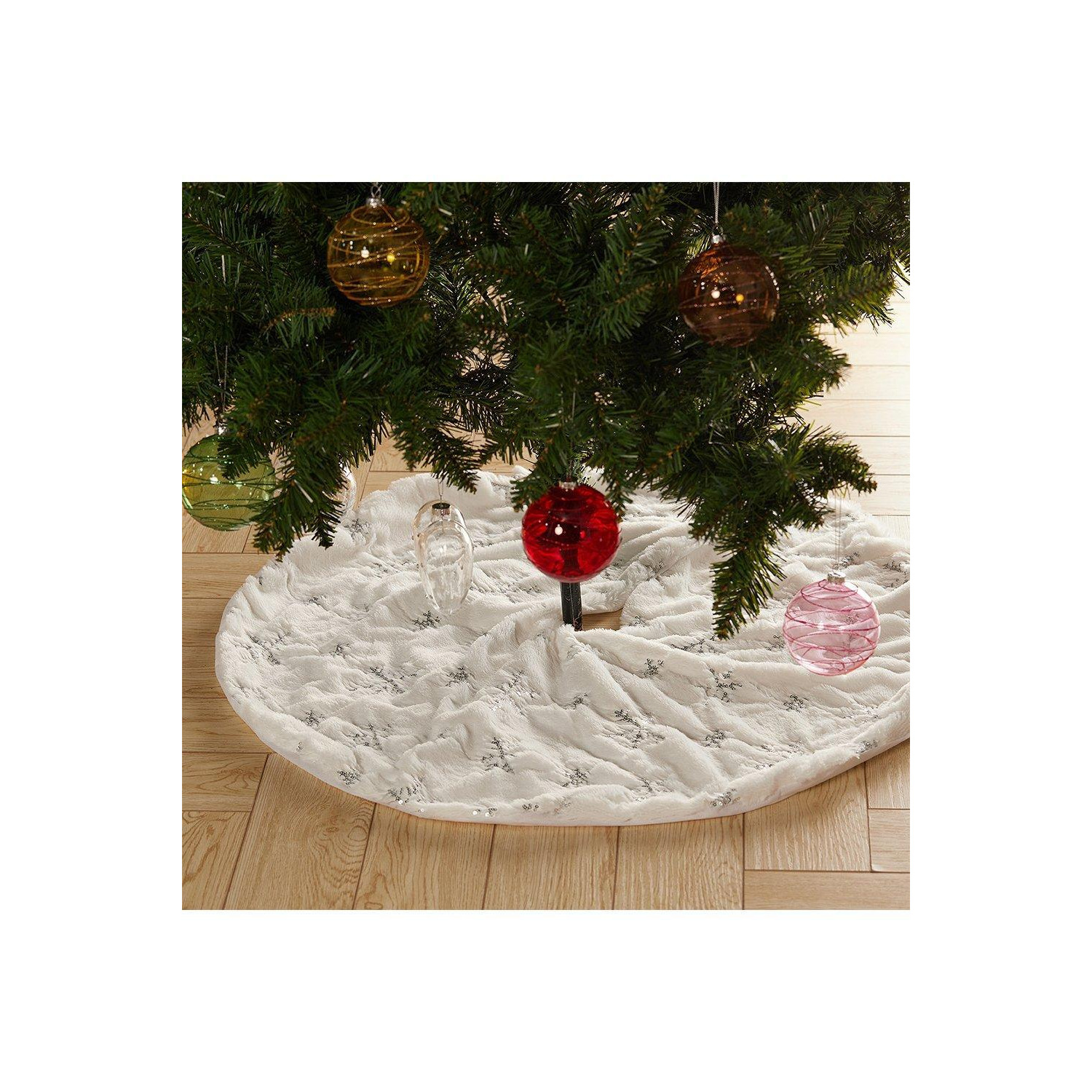 D90cm Large Silver Sequin Snowflake Faux Fur Christmas Tree Skirt - image 1