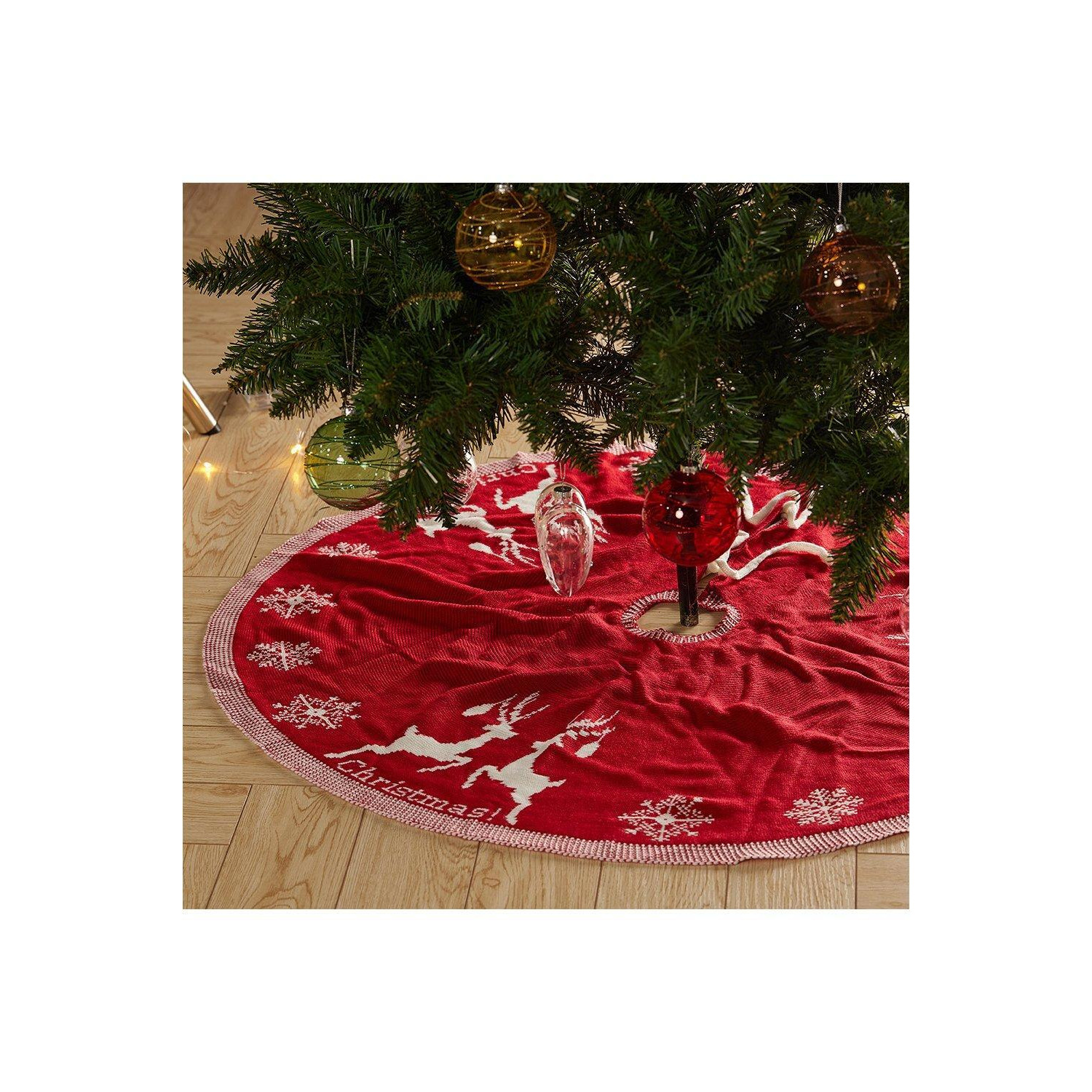 D95cm Rustic Knitted Double-Sided Christmas Tree Skirt with Snowflake and Reindeer Decor - image 1