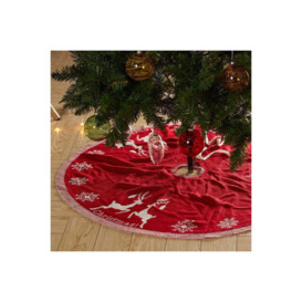 D95cm Rustic Knitted Double-Sided Christmas Tree Skirt with Snowflake and Reindeer Decor