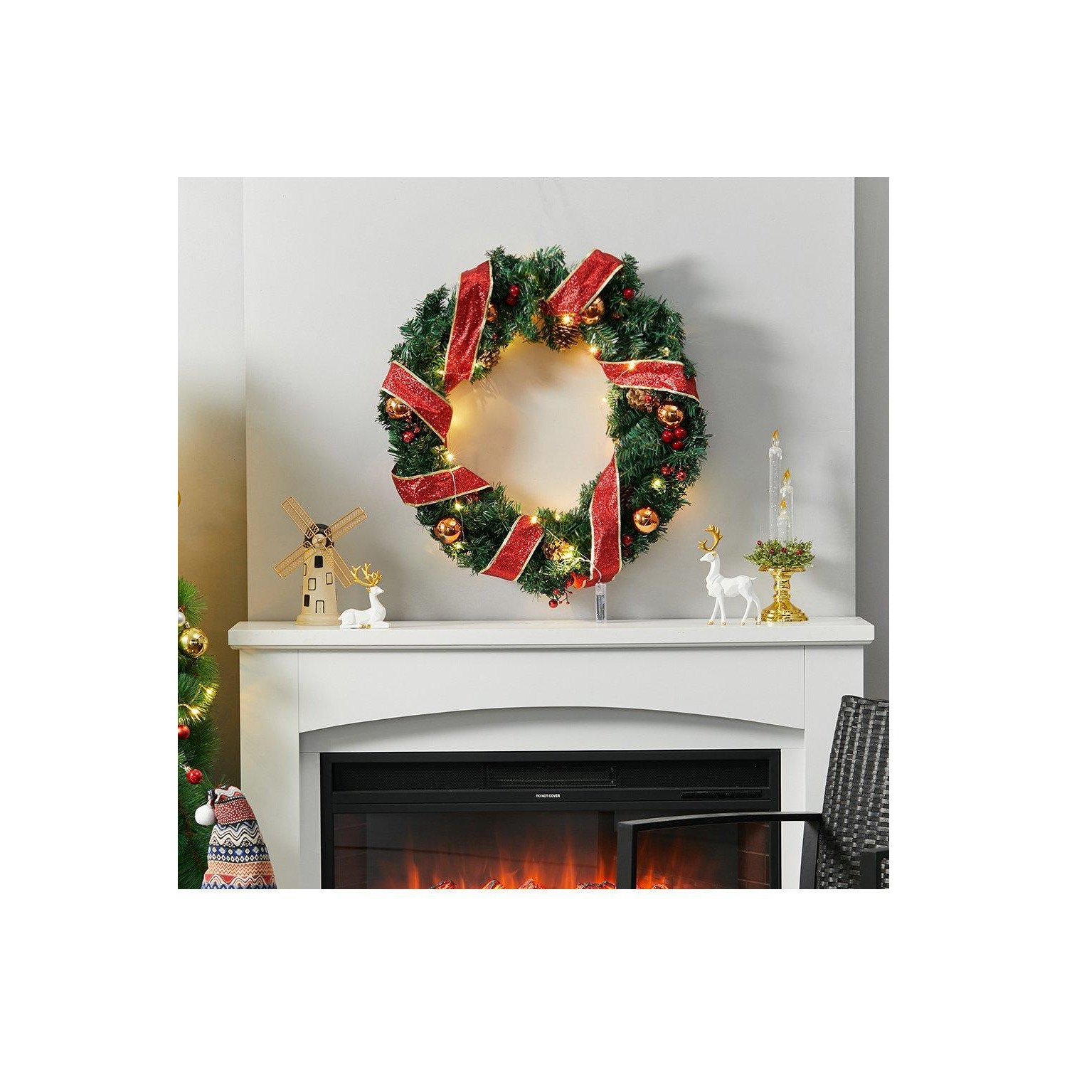 D60cm Ribbon Lighted Wreath Hanging Christmas Decor - image 1