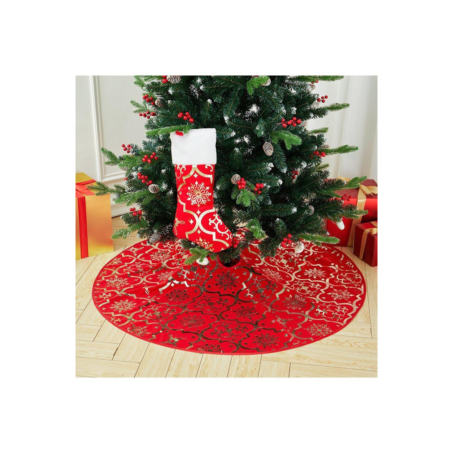 D120cm Round Shape Christmas Tree Base Skirt Xmas Ornament with Stocking - image 1