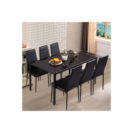 7-Piece Dining Table Set of Modern Faux Leather Dining Chairs and Tempered Glass Table