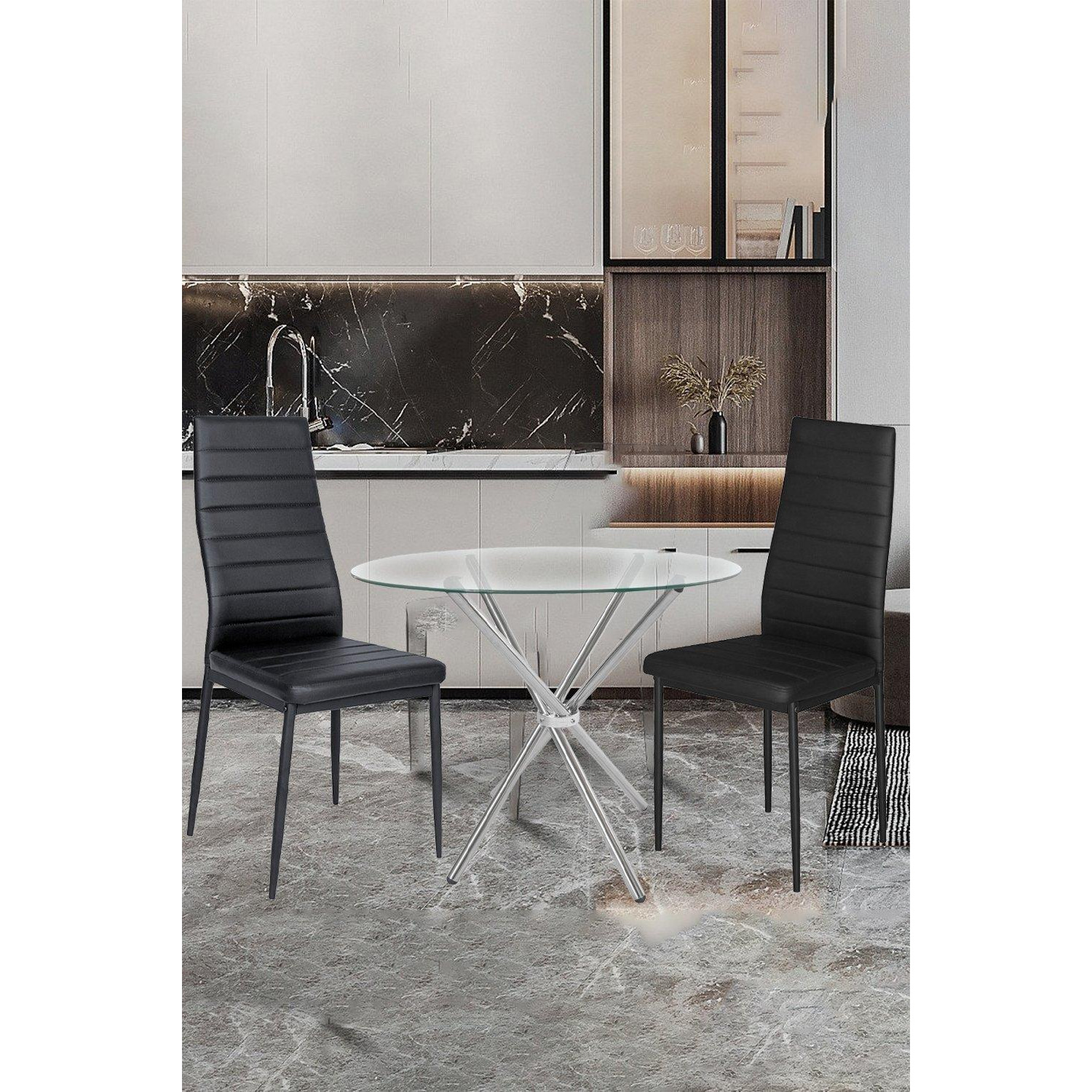 3-Piece Dining Table Set of Modern Faux Leather Dining Chairs and Tempered Glass Round Table - image 1