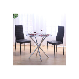 3-Piece Dining Table Set of Modern Faux Leather Dining Chairs and Tempered Glass Round Table - thumbnail 2