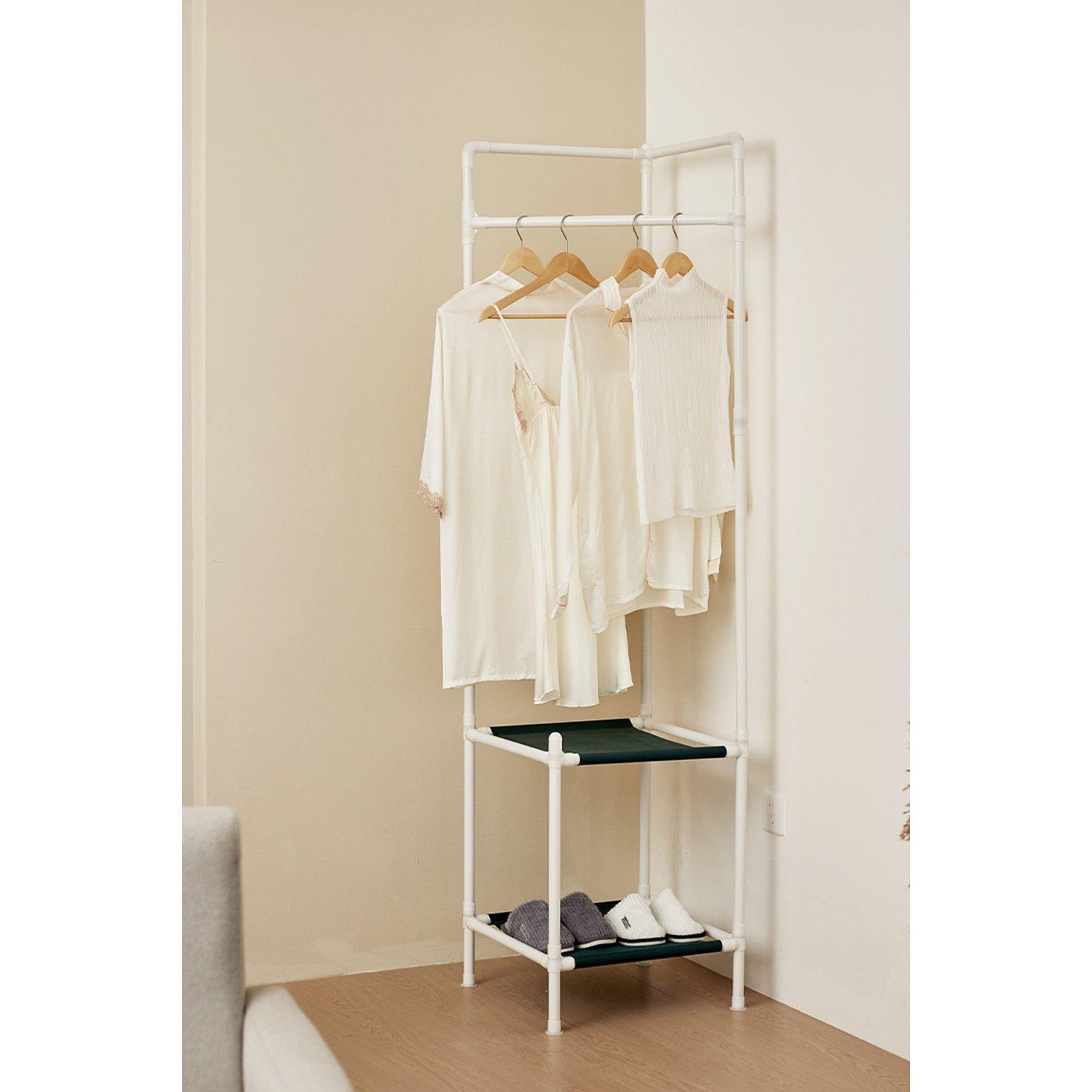 Corner Clothing Rack with 2 Tier Shelves White - image 1