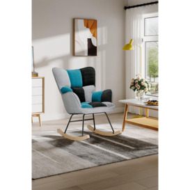 Blue Grey Black Check Tufted Linen Patchwork Rocking Chair - thumbnail 1