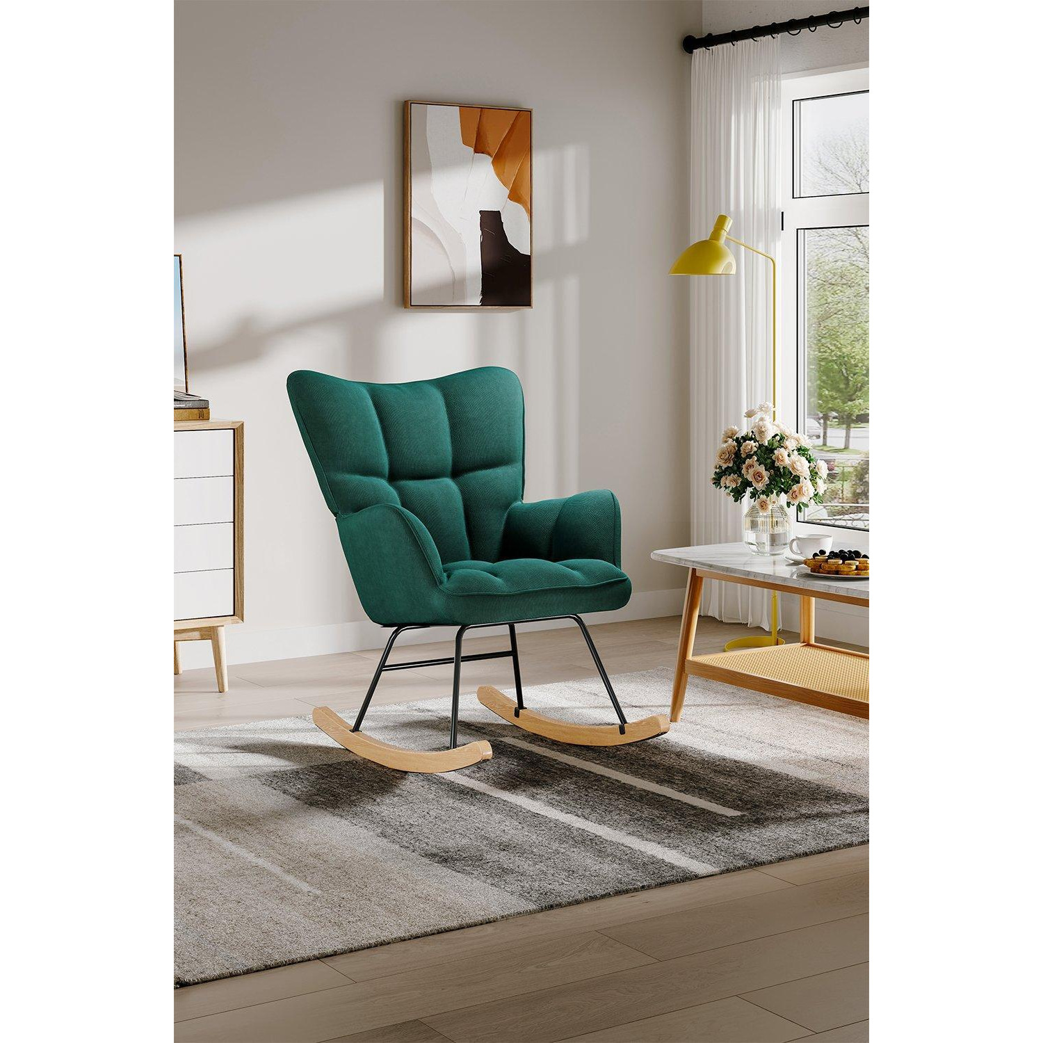 Green Linen Check Tufted Rocking Chair - image 1