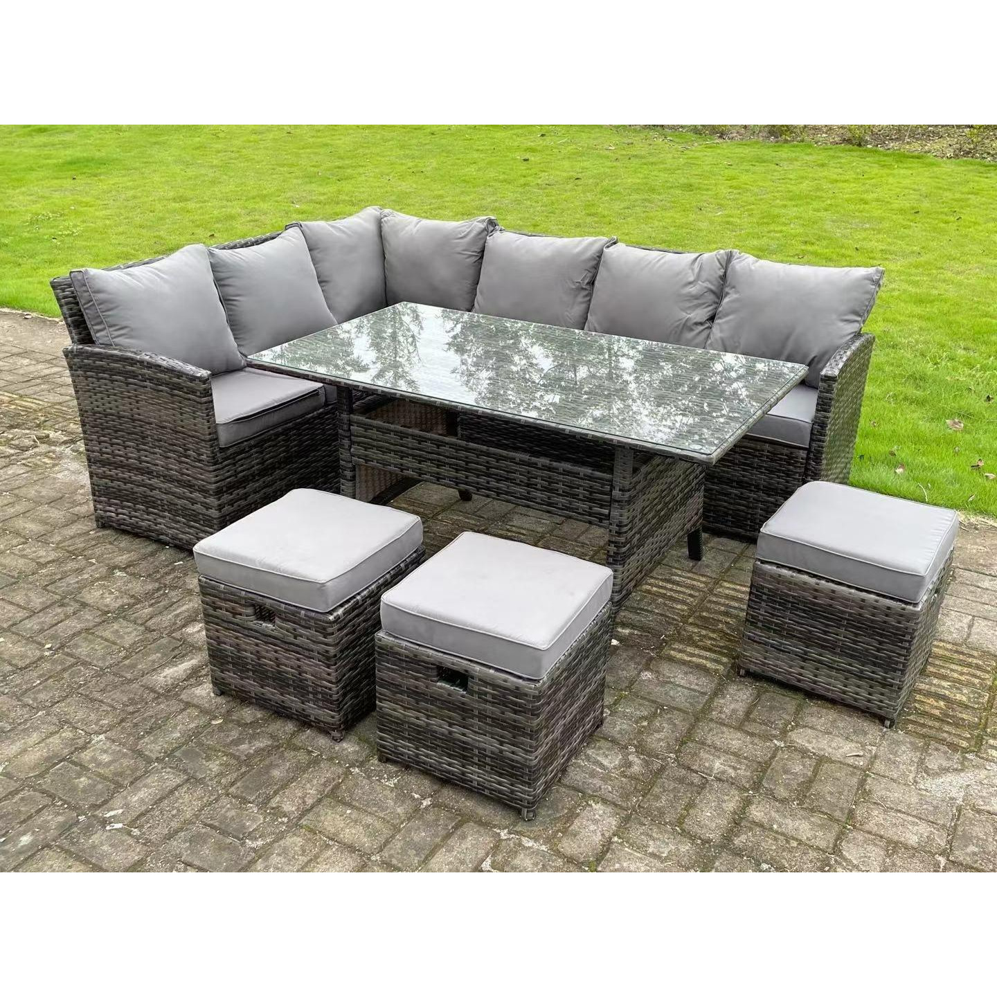 Semi-Assembled 9 Seater Rattan Garden Furniture Corner Sofa Dining Sets Outdoor Patio With 3 Stools - image 1