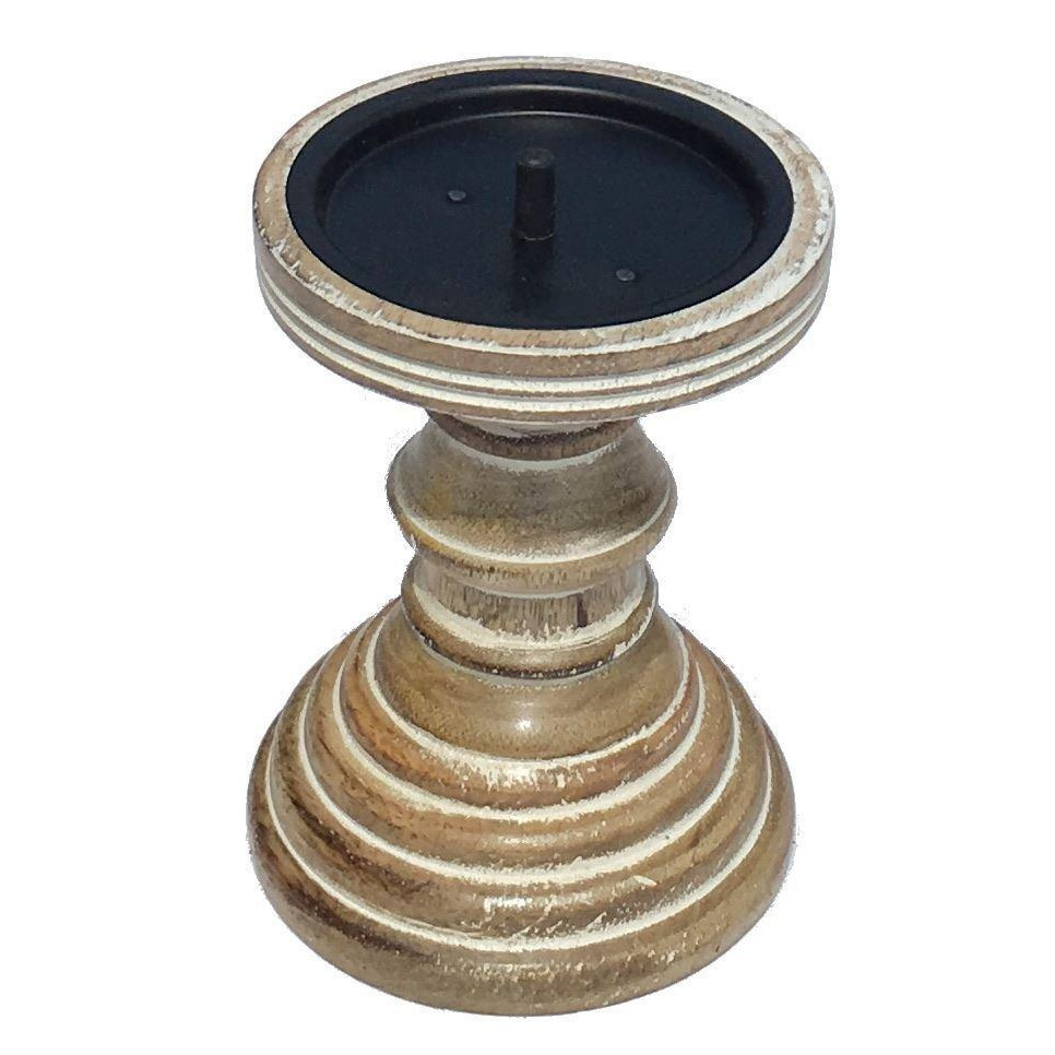 Rustic Antique Carved Wooden Pillar Church Candle Holder Natural, Small 13cm high - image 1