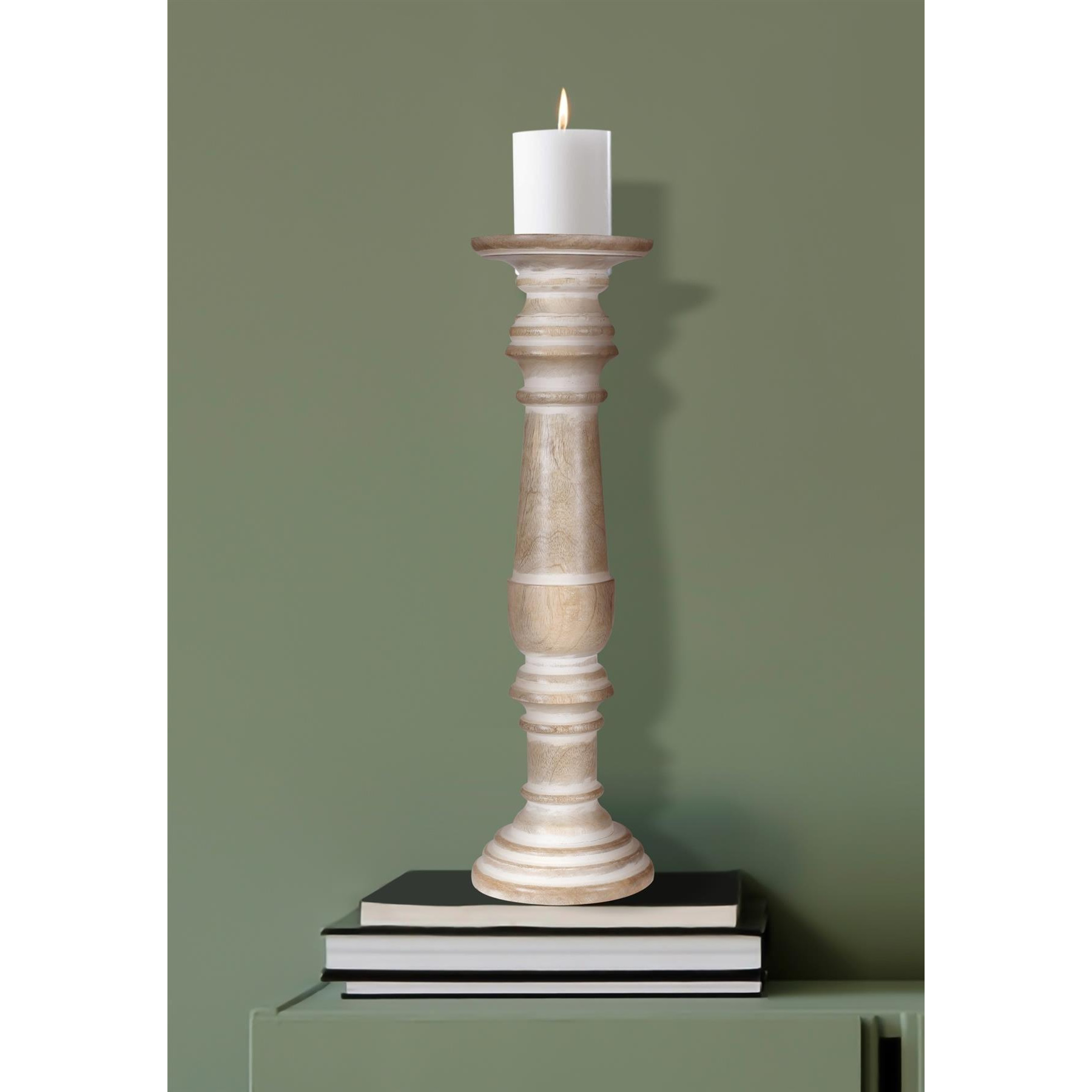 Rustic Antique Carved Wooden Pillar Church Candle Holder White Light, Large 31cm High - image 1