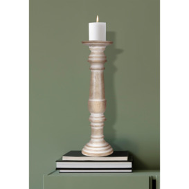 Rustic Antique Carved Wooden Pillar Church Candle Holder White Light, Large 31cm High - thumbnail 1