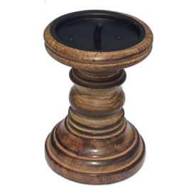 Rustic Antique Carved Wooden Pillar Church Candle Holder Natural, Small 13cm high
