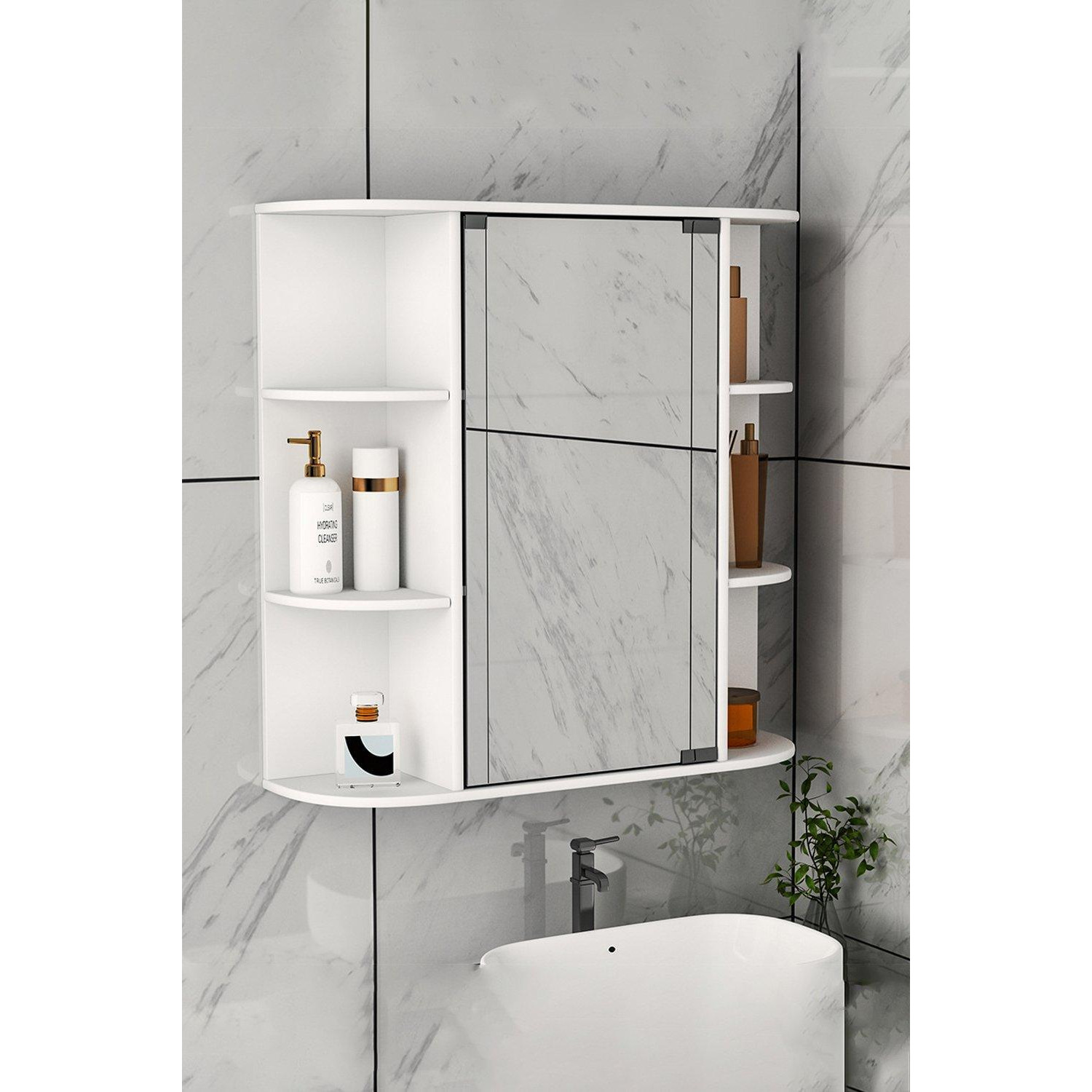 Wall Mount Bathroom Mirror Cabinet Single Door Wall Mounted Storage Cupboard With 6 Shelves Display Organiser Unit - image 1