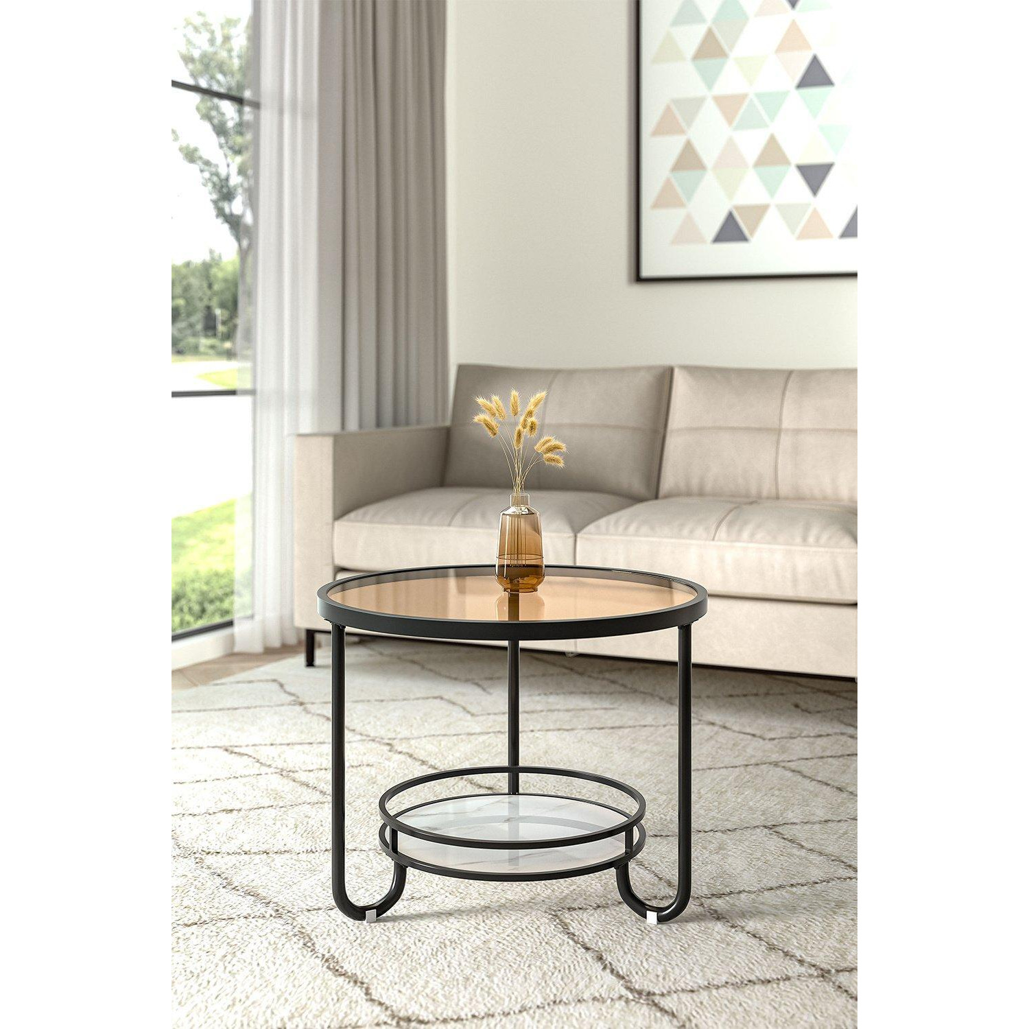Black Round Glass and Slate Coffee Table 2 Tier - image 1