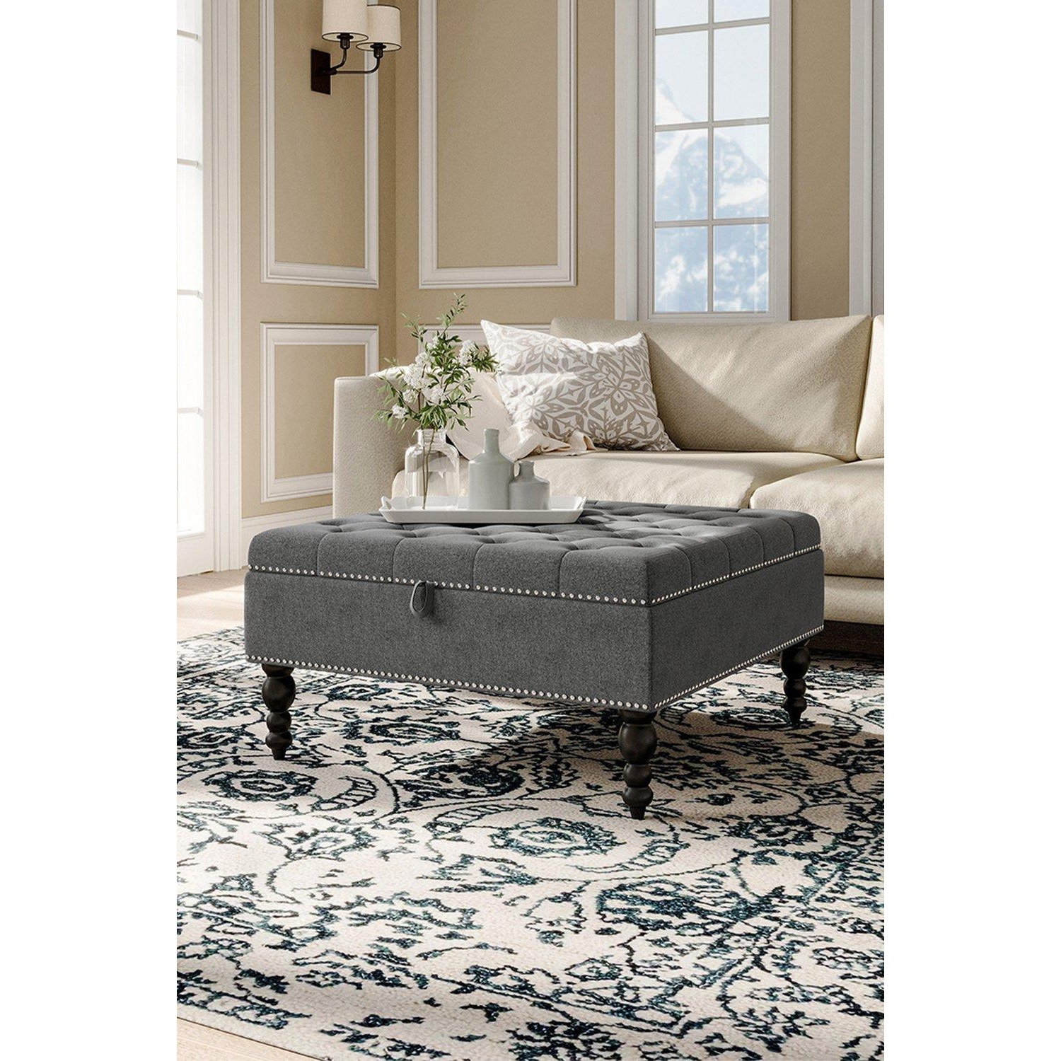Square Tufted Linen Storage Ottoman Footstool - image 1