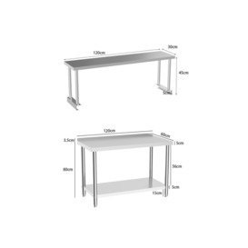 2 Pcs Stainless Steel Kitchen Prep Work Table with Overshelf Worktop Bench - thumbnail 2