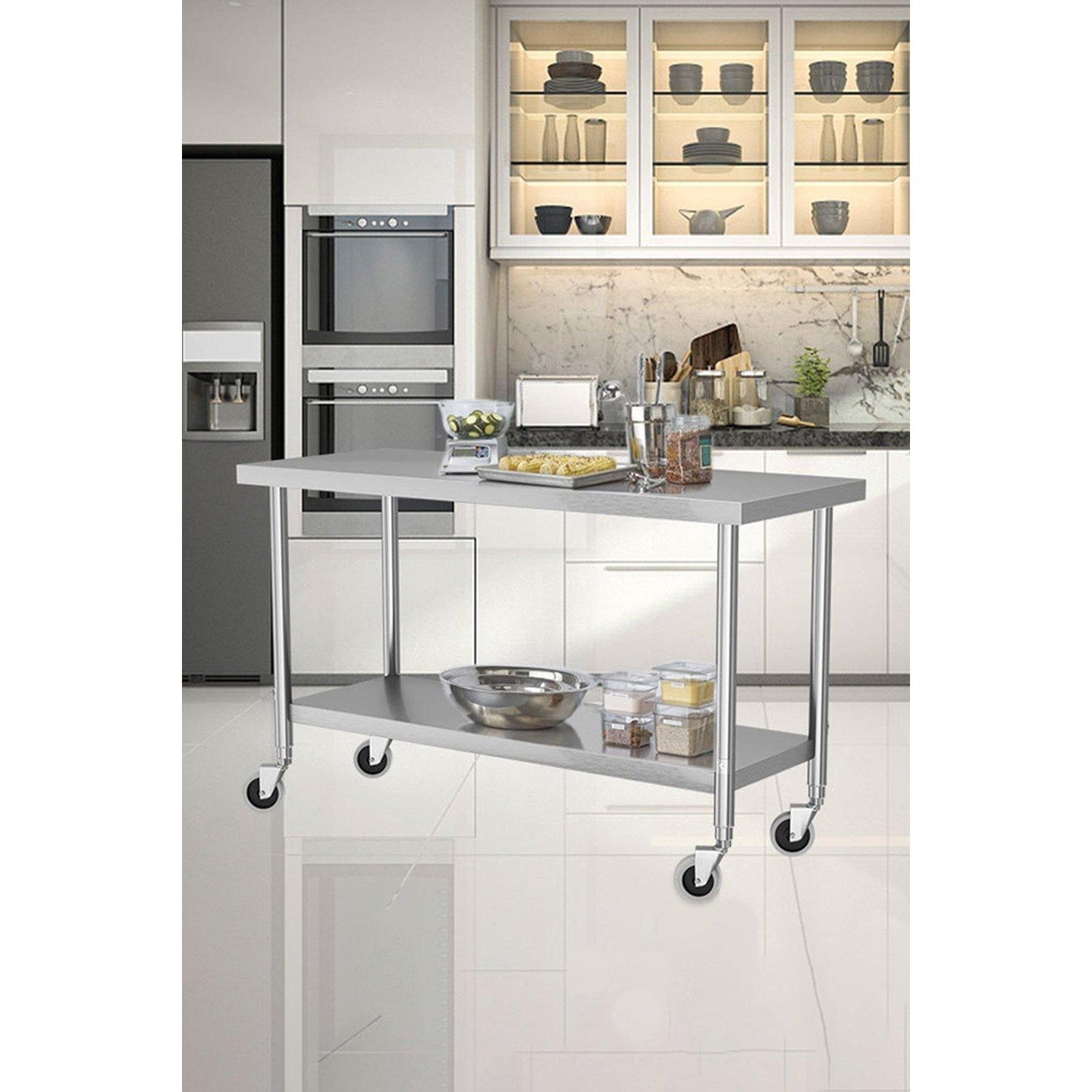 2 Tier Commercial Kitchen Prep Worktable with Wheels - image 1