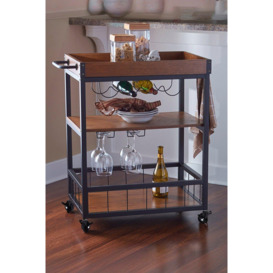 3-tier Wooden Food Serving Wine Trolley Cart with Removable Tray , Glass Holder & Lockable Wheels