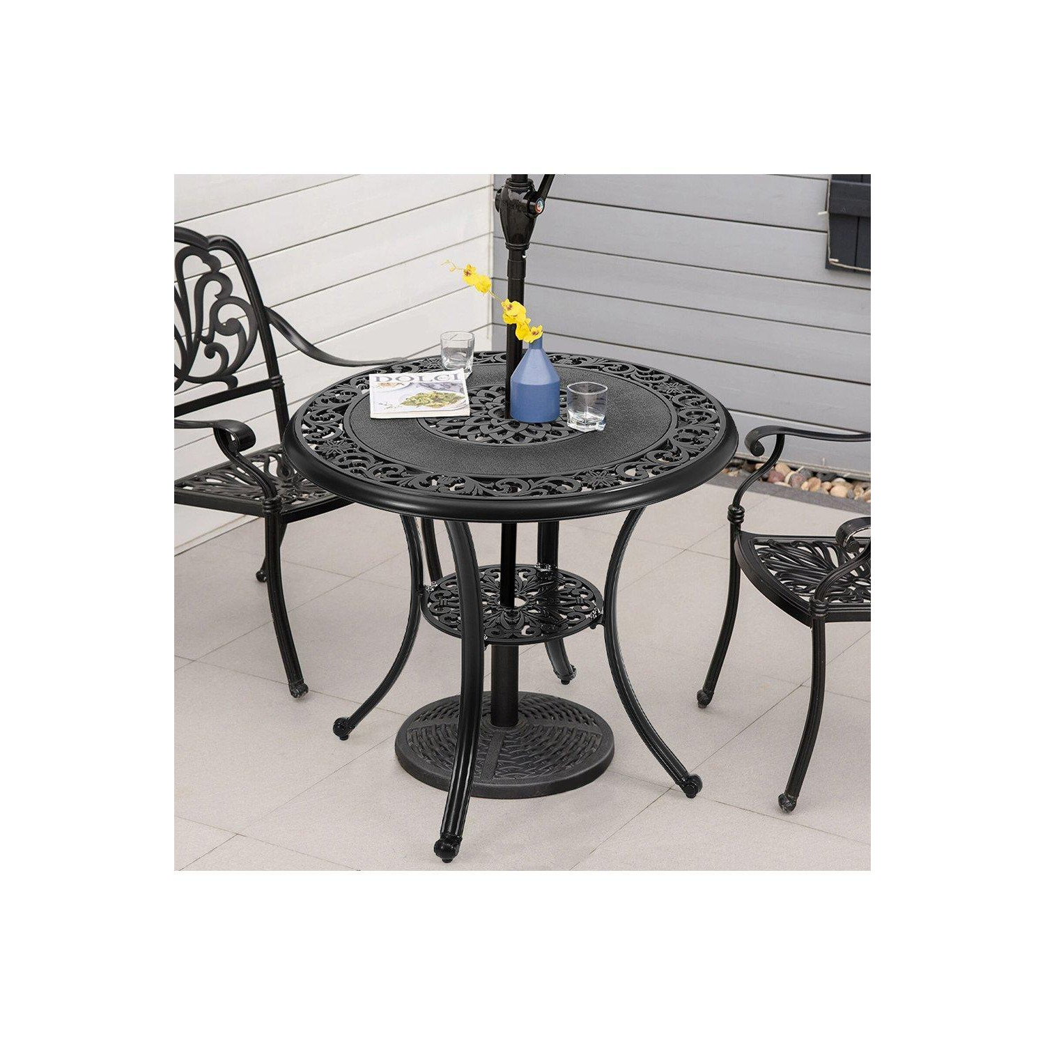 Flower Hollowed Out Cast Aluminum Patio Dining Table with Umbrella Hole - image 1